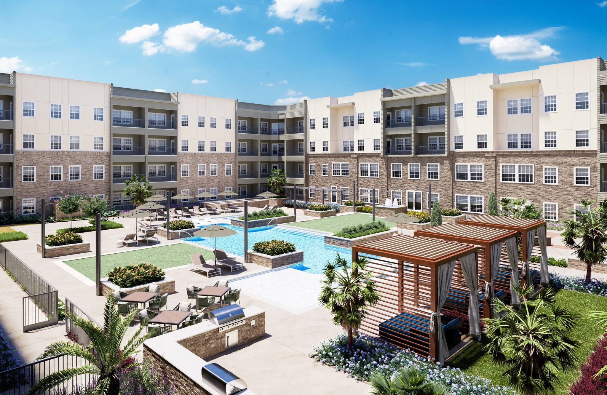 Hawthorne at Fairmont exterior rendering of courtyard with pool and apartment buildings